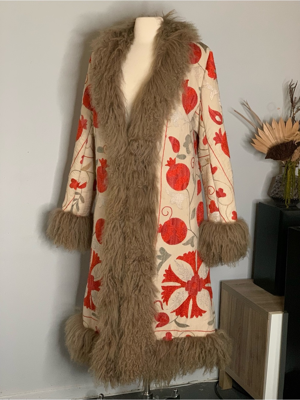 Embroidered Ivory & Red Coat with Brown Fur Trim